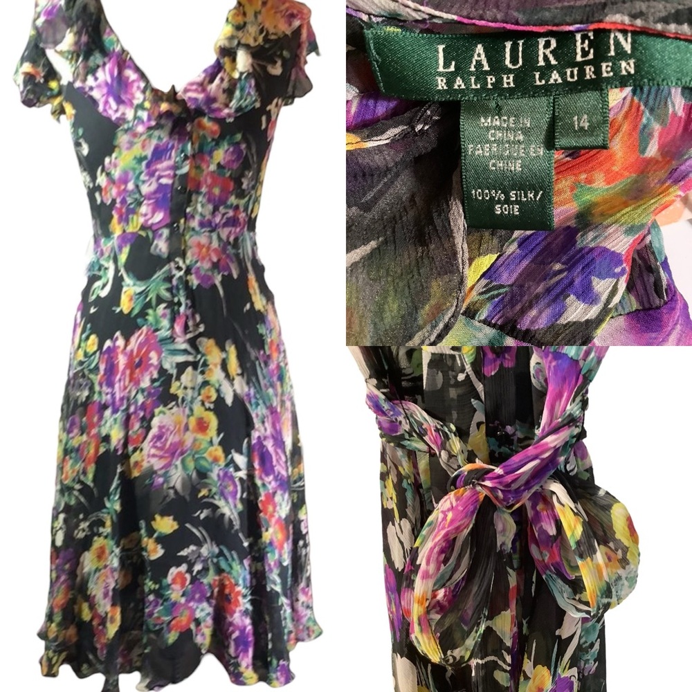 Lauren Ralph Lauren Floral Silk Midi Dress - Black, Purple, Yellow